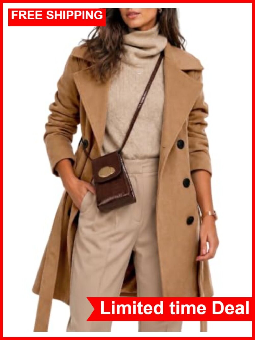 Womens Wool Blend Double Breasted Trench Coat Belted Business Casual